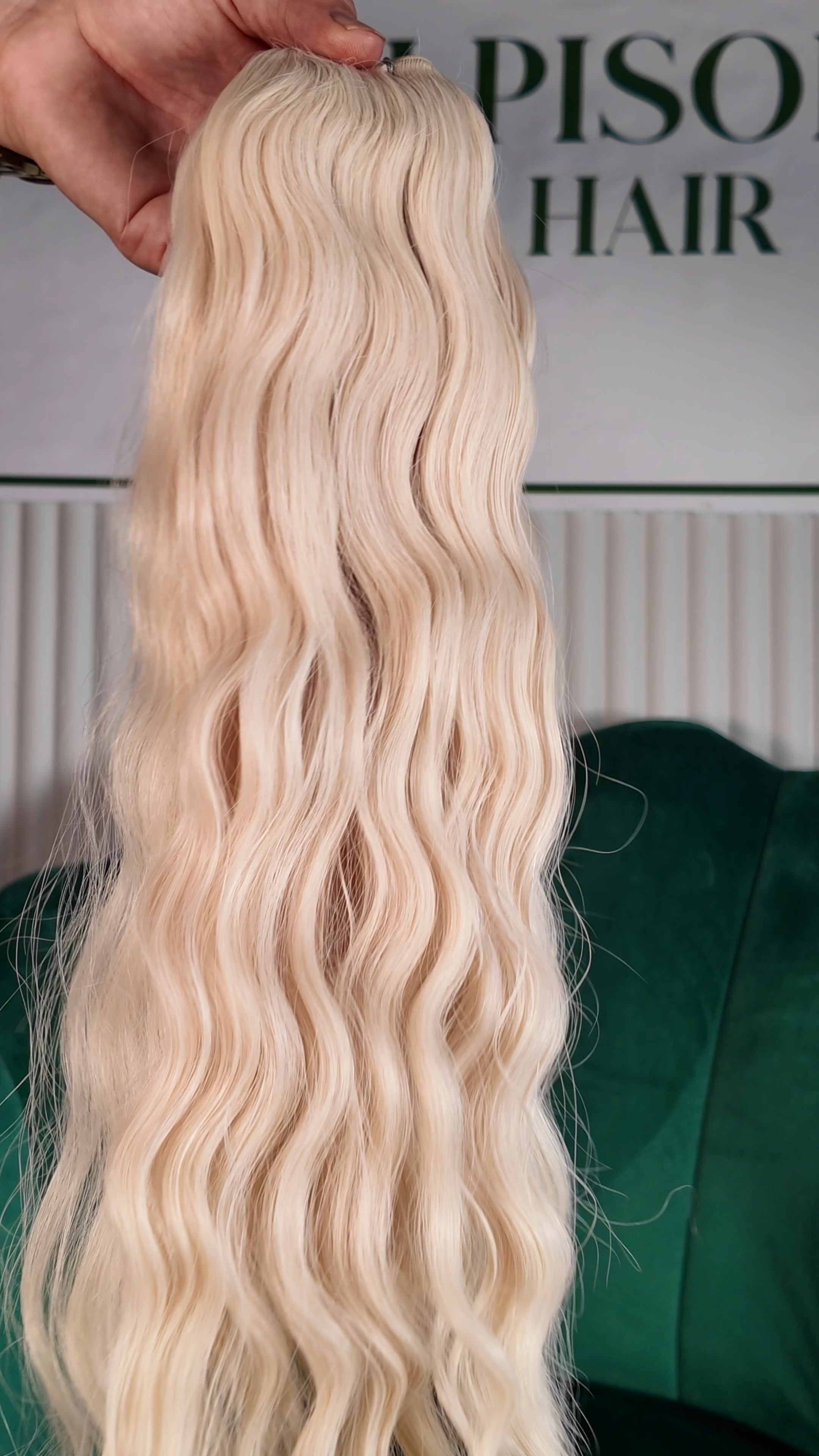 18 inch Russian single donor dyed wavy platinum blonde virgin hair tail, held up against the Stevi Pisoni Virgin Hair backdrop