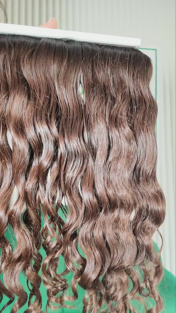 18 inch Russian single donor virgin curly mid brown hair tail, video